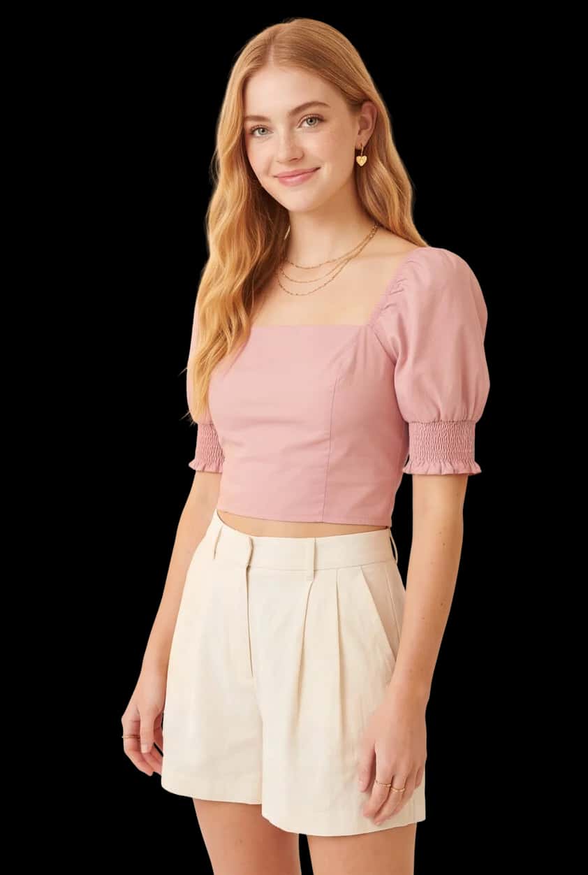 Short-Fit Square Neck Puff Sleeve Blouse
