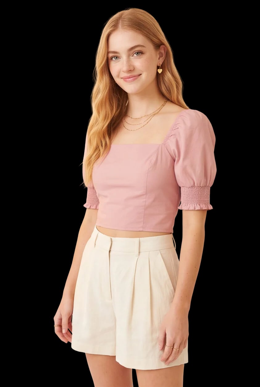 Short-Fit Square Neck Puff Sleeve Blouse 1