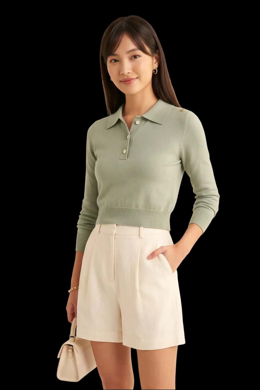 Short-Fit Buttoned Knit Polo Top