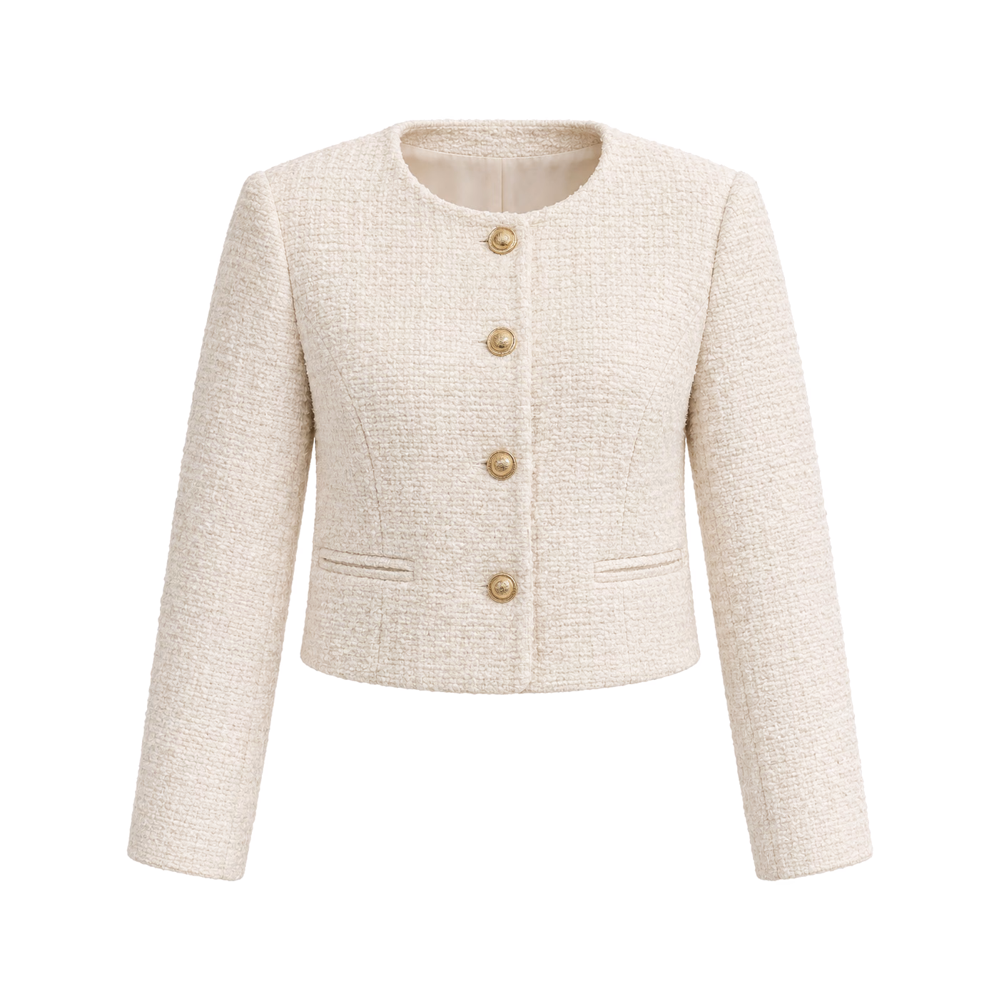 Collarless Boucle-Look Jacket in Cream