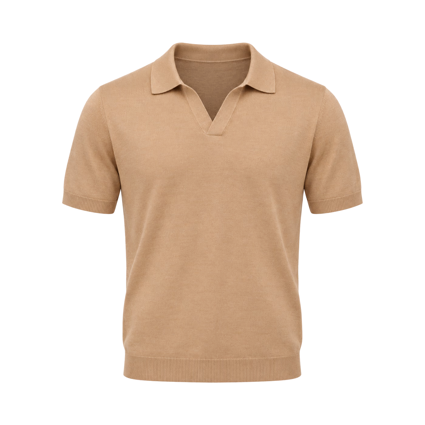 Fine-Knit Short-Sleeve Polo in Camel