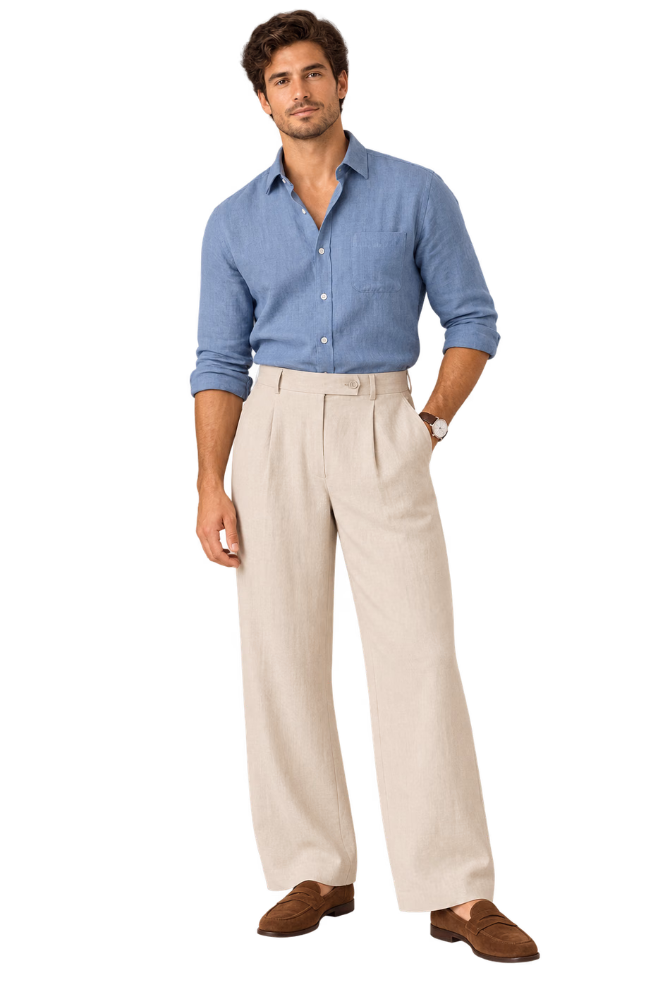 Pleated Wide-Leg Linen Trousers
