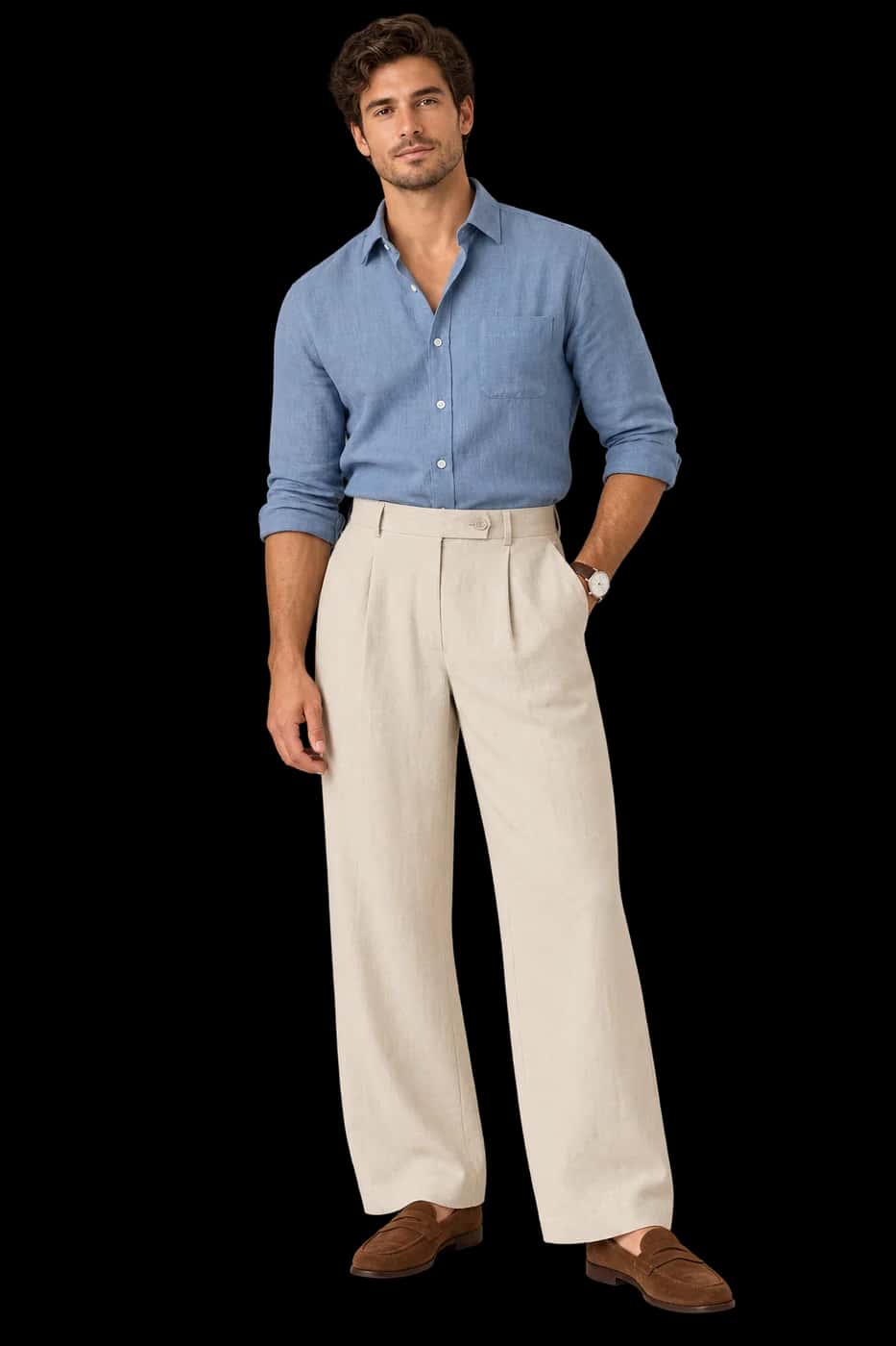 Pleated Wide-Leg Linen Trousers in Stone Beige worn by a model