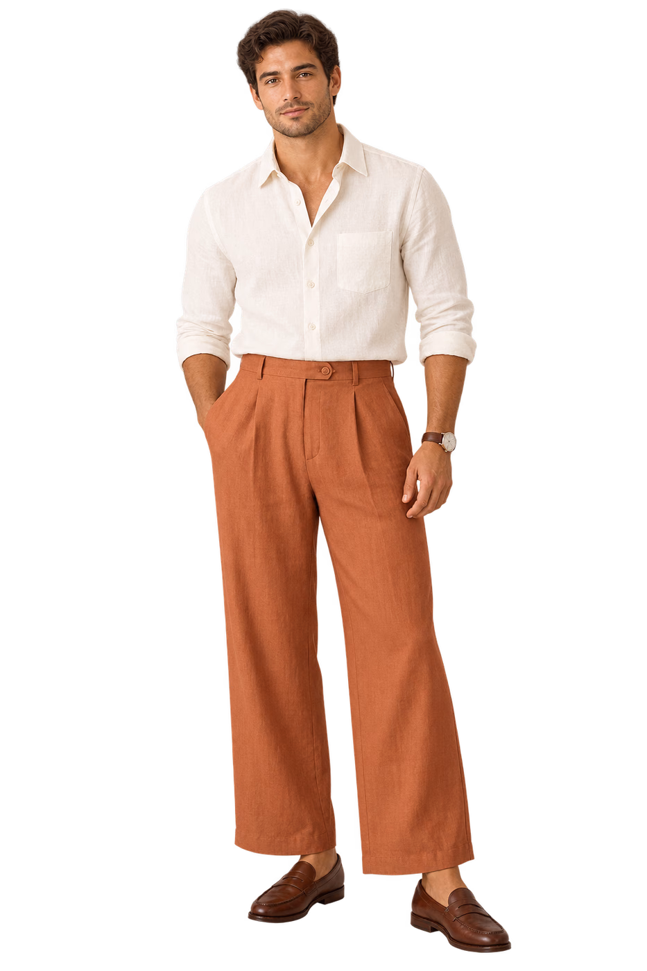 Pleated Wide-Leg Linen Trousers in Terracotta Rust worn by a model