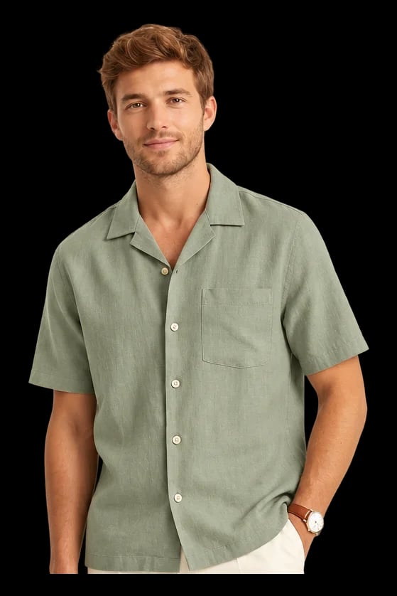 Relaxed-Fit Camp Collar Linen Shirt in Sage Green worn by a model