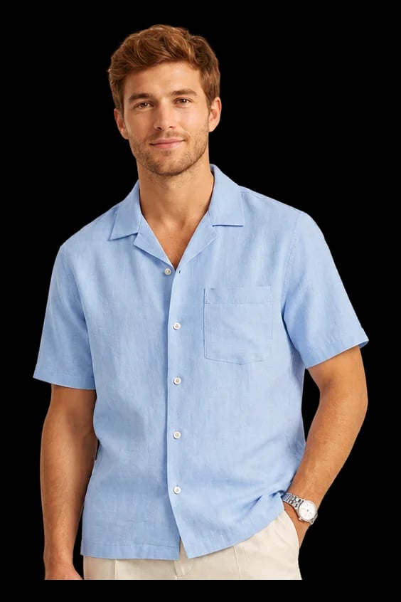 Relaxed-Fit Camp Collar Linen Shirt in Sky Blue worn by a model