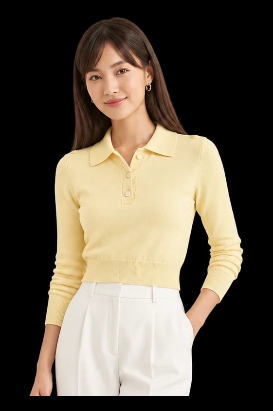 Short-Fit Buttoned Knit Polo Top in Butter Yellow worn by a model