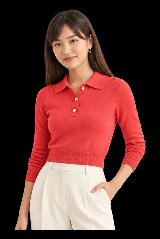 Short-Fit Buttoned Knit Polo Top in Coral Red worn by a model