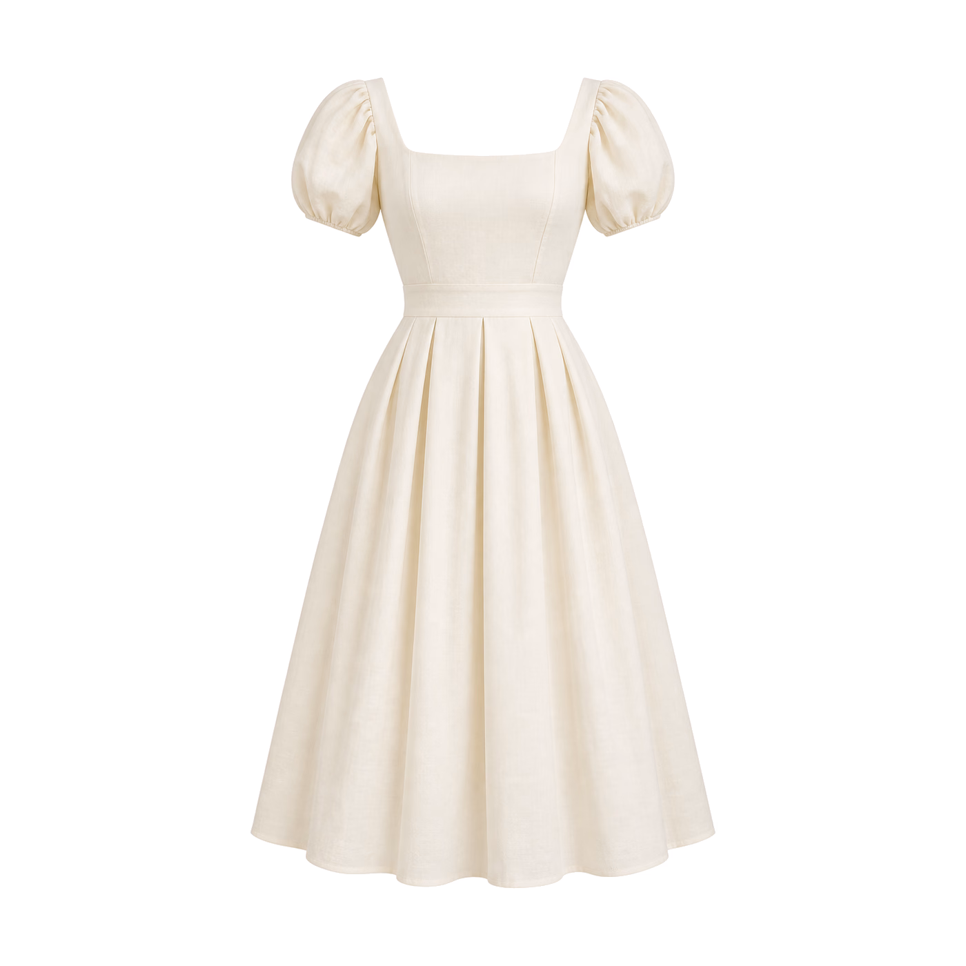 Square-Neck Pleated Midi Dress in Ivory